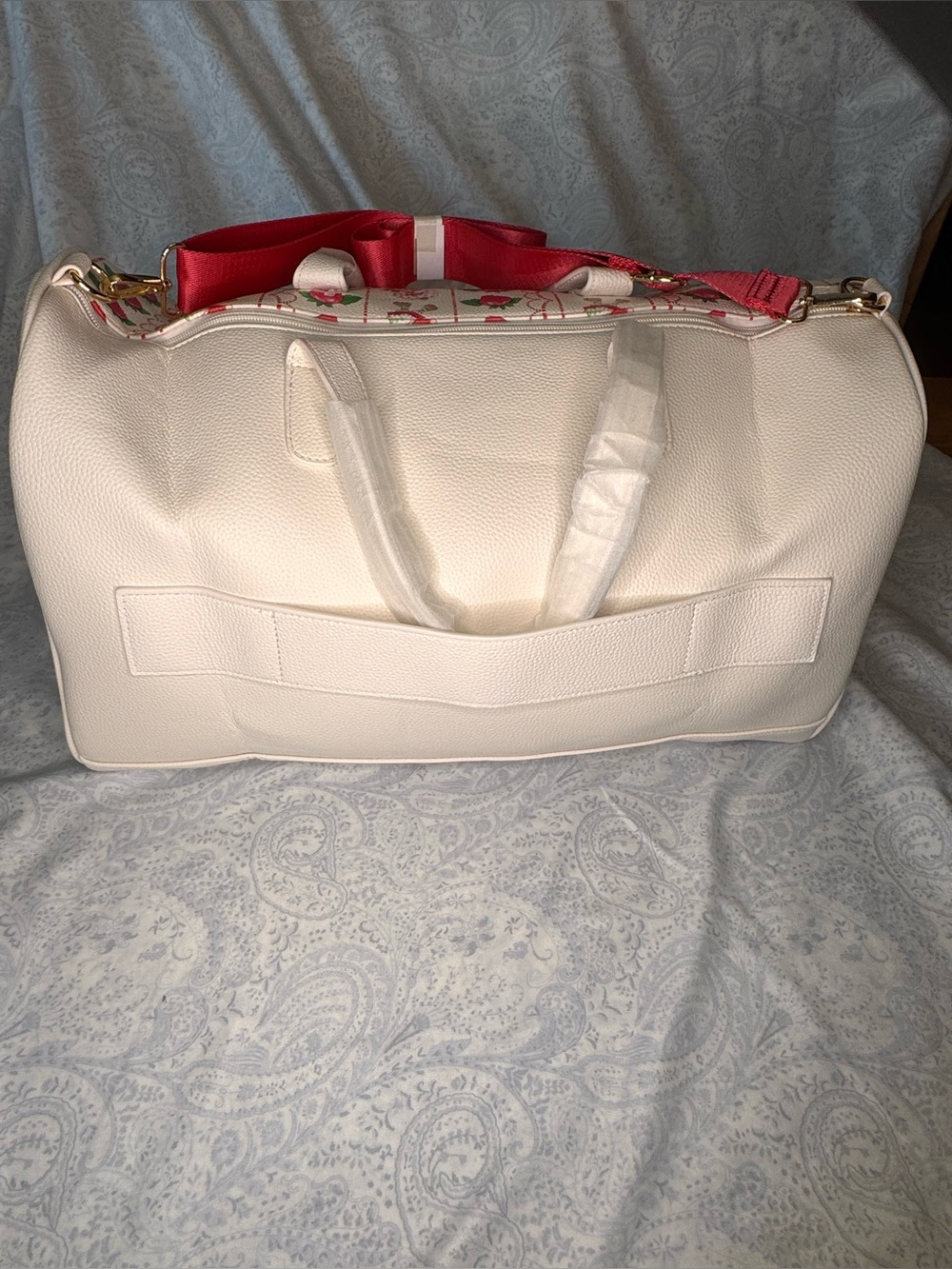 Strawberry Shortcake Pebbled Faux Leather Embroidered Red & Cream Large Duffle - Picture 8 of 14
